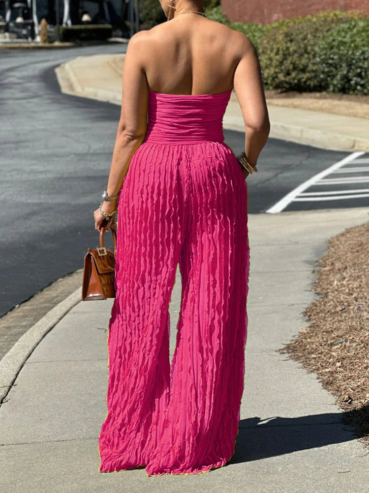 Pleated Strapless Wide Jumpsuit
