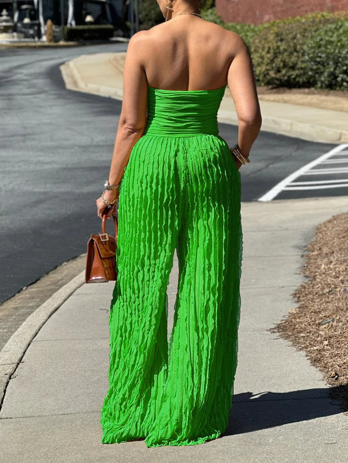 Pleated Strapless Wide Jumpsuit