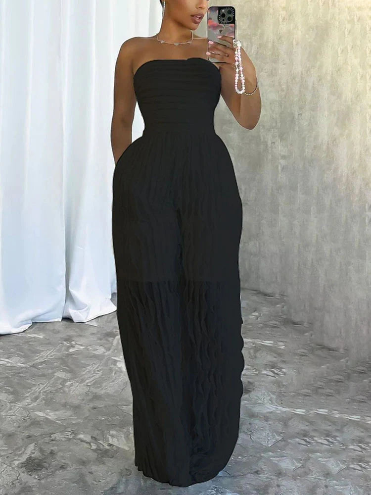 Pleated Strapless Wide Jumpsuit