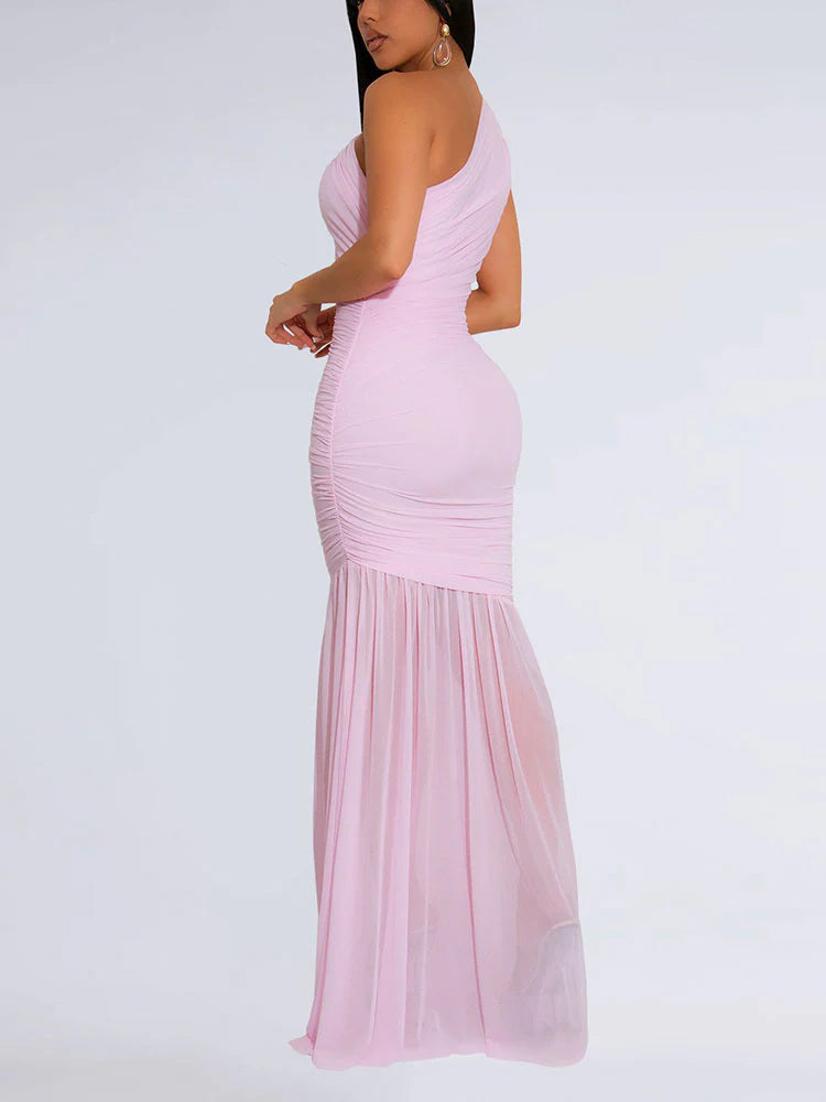 One Shoulder Mesh Ruched Dress