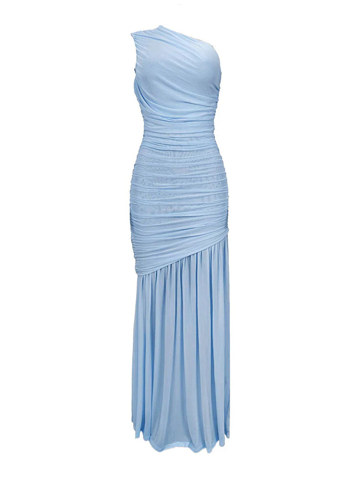 One Shoulder Mesh Ruched Dress