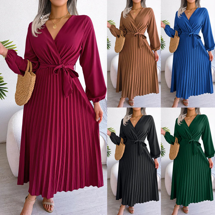 Temperament cross V-neck big swing pleated long Dresses