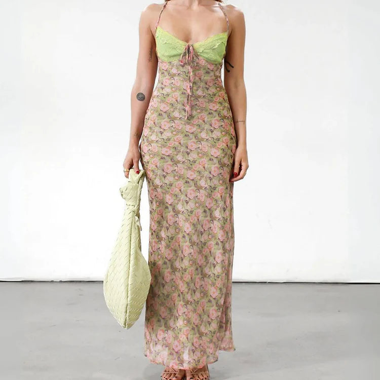 Chic Lace Paneled Floral Print Back Tie Camisole Dress
