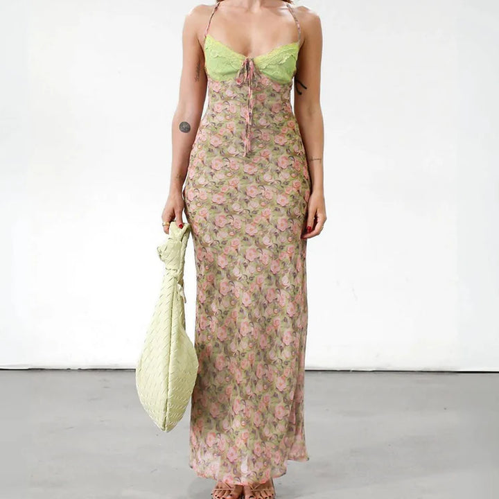 Chic Lace Paneled Floral Print Back Tie Camisole Dress