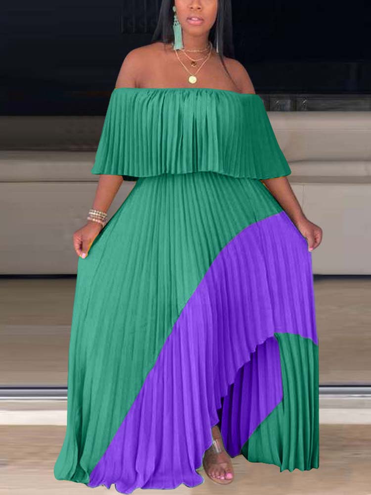 Off Shoulder Ombre Pleated Maxi Dress