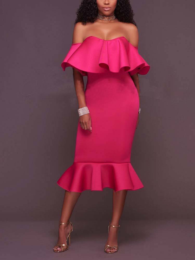 Off  Shoulder Ruffle Bodycon Midi Dress