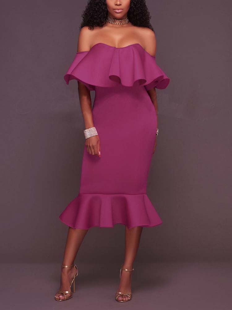 Off  Shoulder Ruffle Bodycon Midi Dress