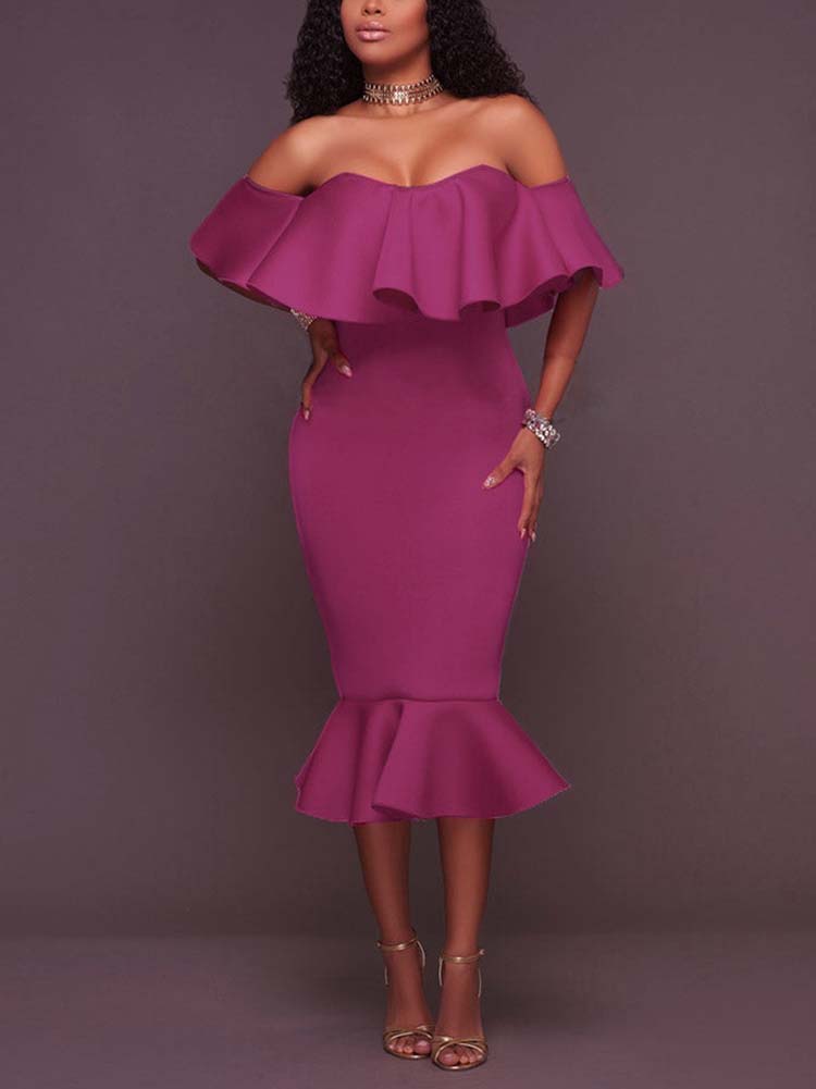 Off  Shoulder Ruffle Bodycon Midi Dress