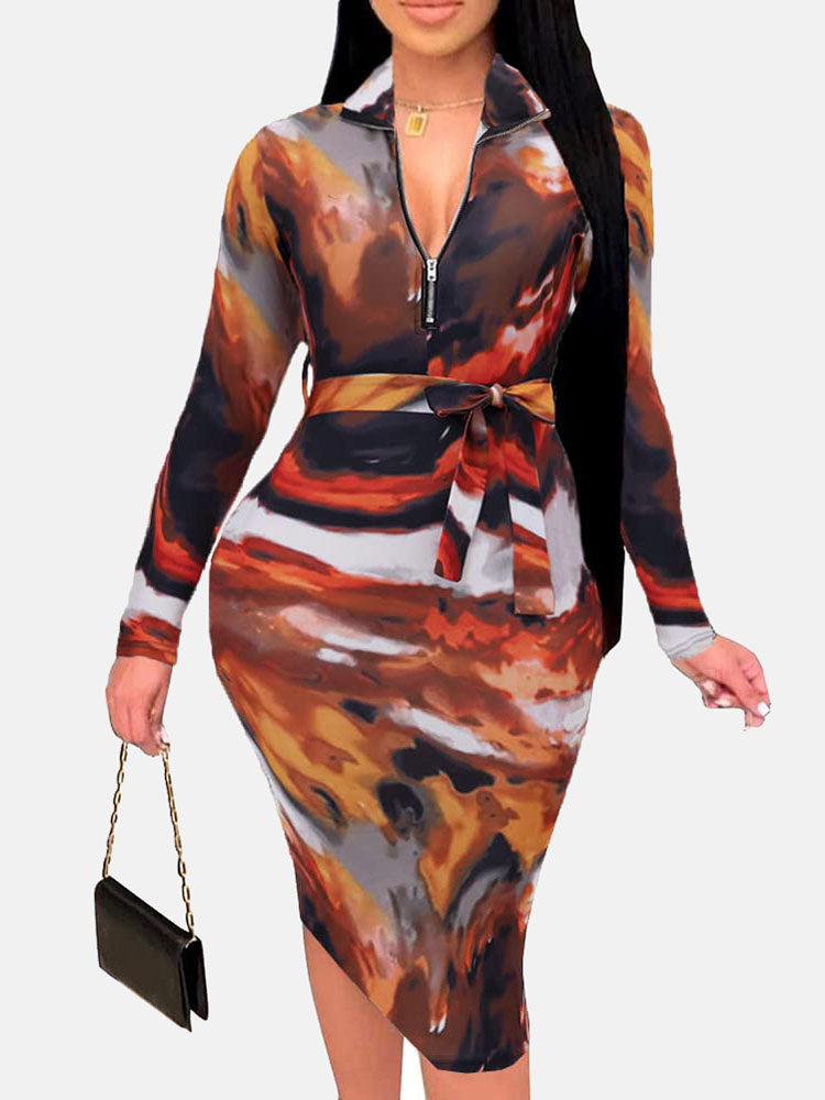 Zipper Print Pencil Midi Dress