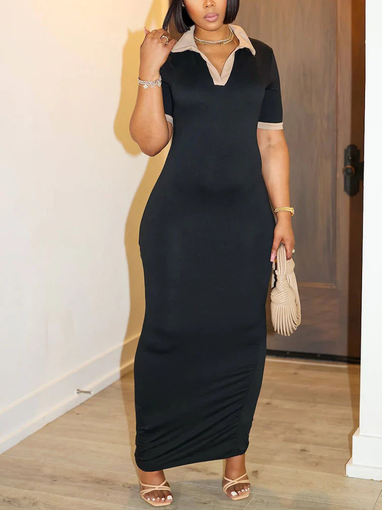 Contrast Polo Bodycon Maxi Dress