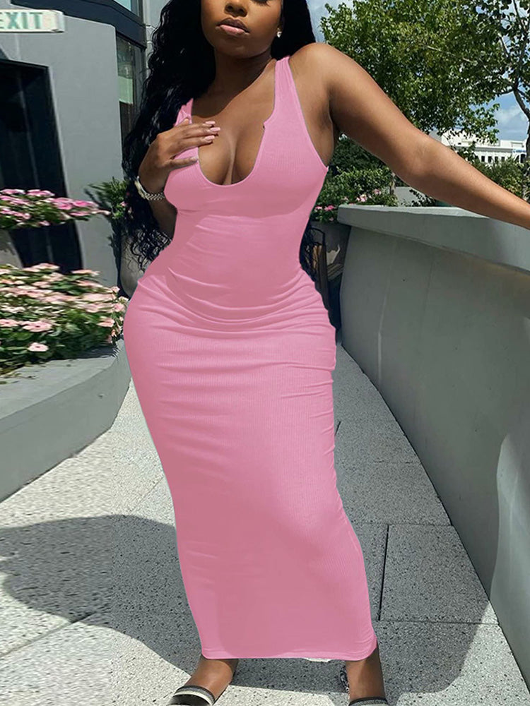 Scoop Neck Ribbed Maxi Dress