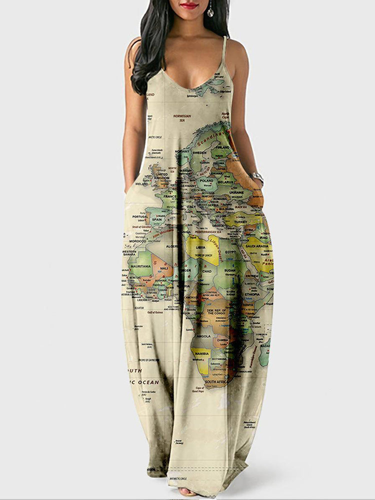 Casual Map Print Spaghetti Strap Maxi Dress