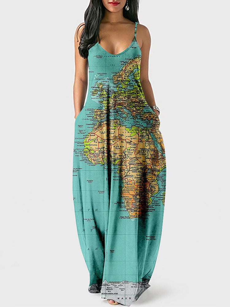 Casual Map Print Spaghetti Strap Maxi Dress