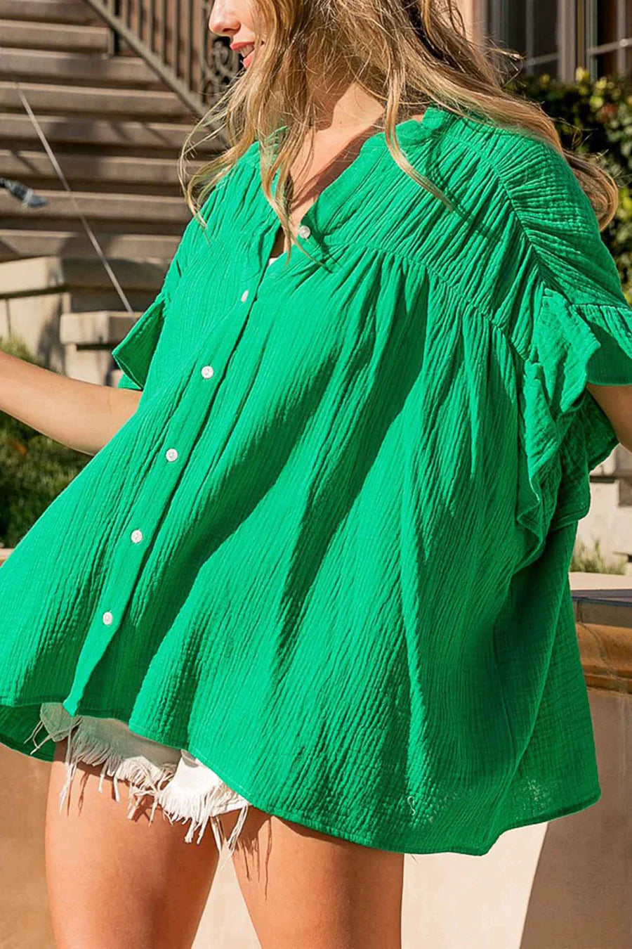 Ruffled Shirring Button Down Blouse