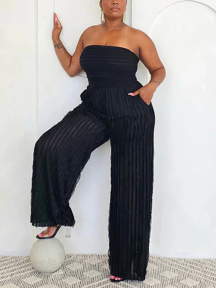 Pleated Strapless Wide Jumpsuit