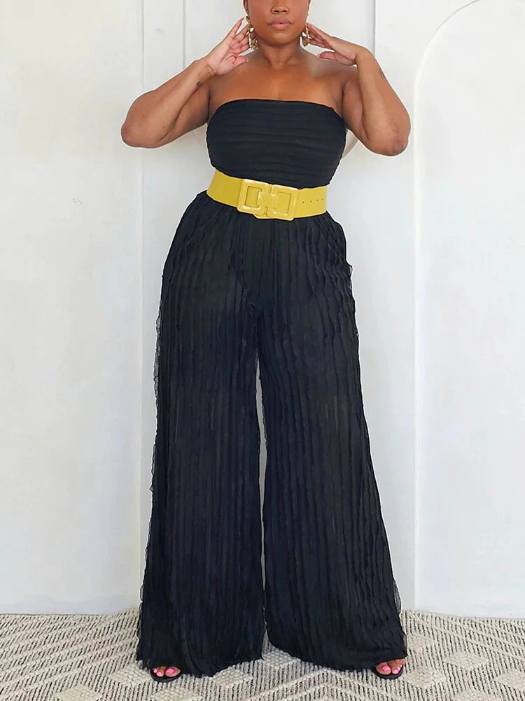 Pleated Strapless Wide Jumpsuit