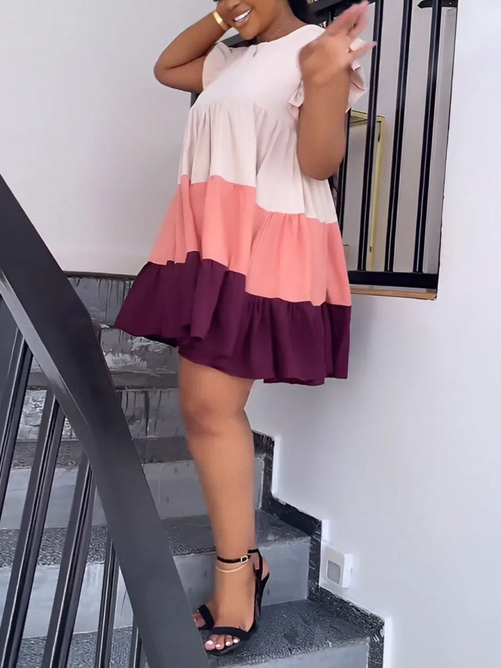 Color Block Ruffle Sleeve Swing Loose Dress