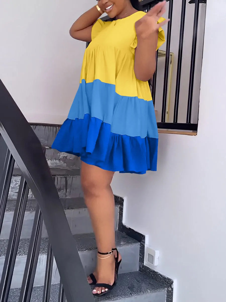 Color Block Ruffle Sleeve Swing Loose Dress