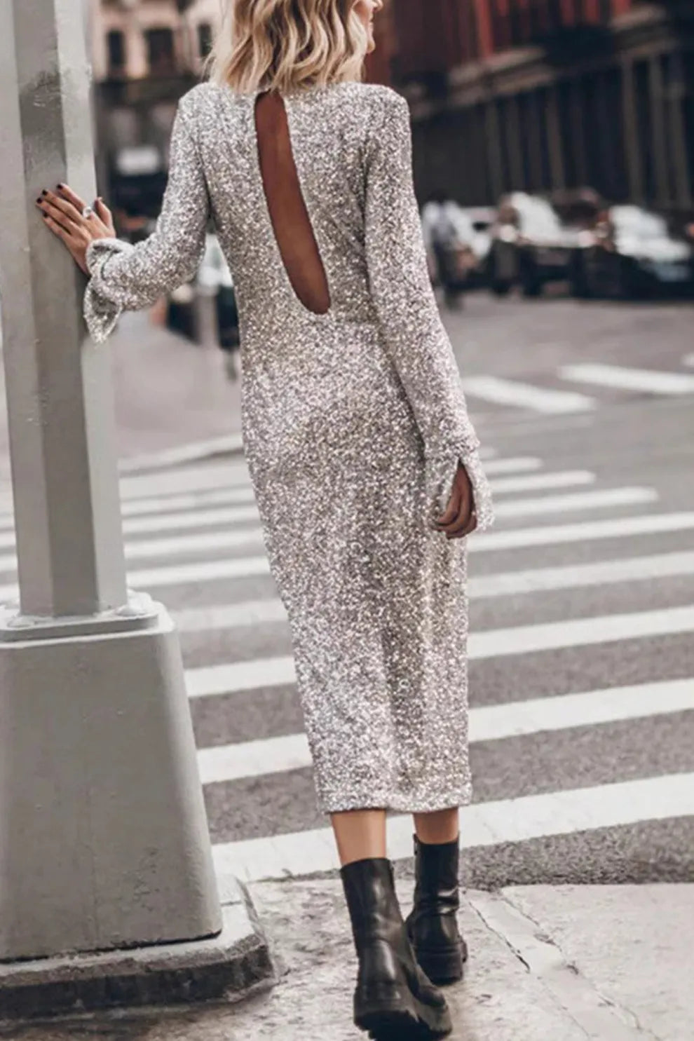 Sequin Long Sleeve Midi Dress