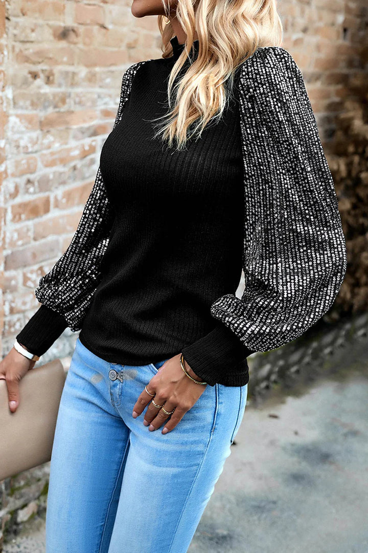 Sequins Lantern Sleeve Patchwork Knit Tops