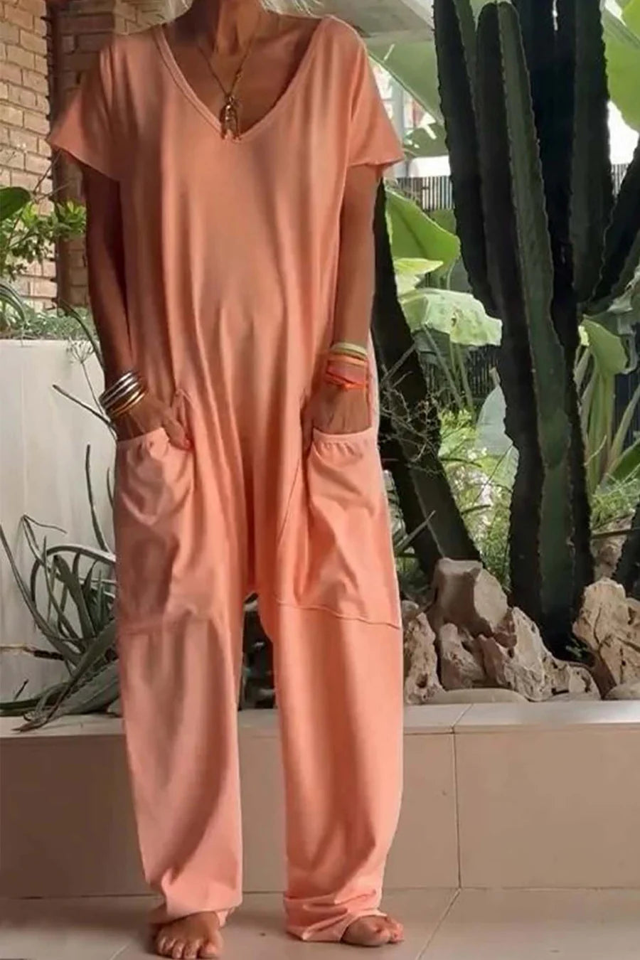 Short Sleeve V Neck Pocket Baggy Jumpsuit