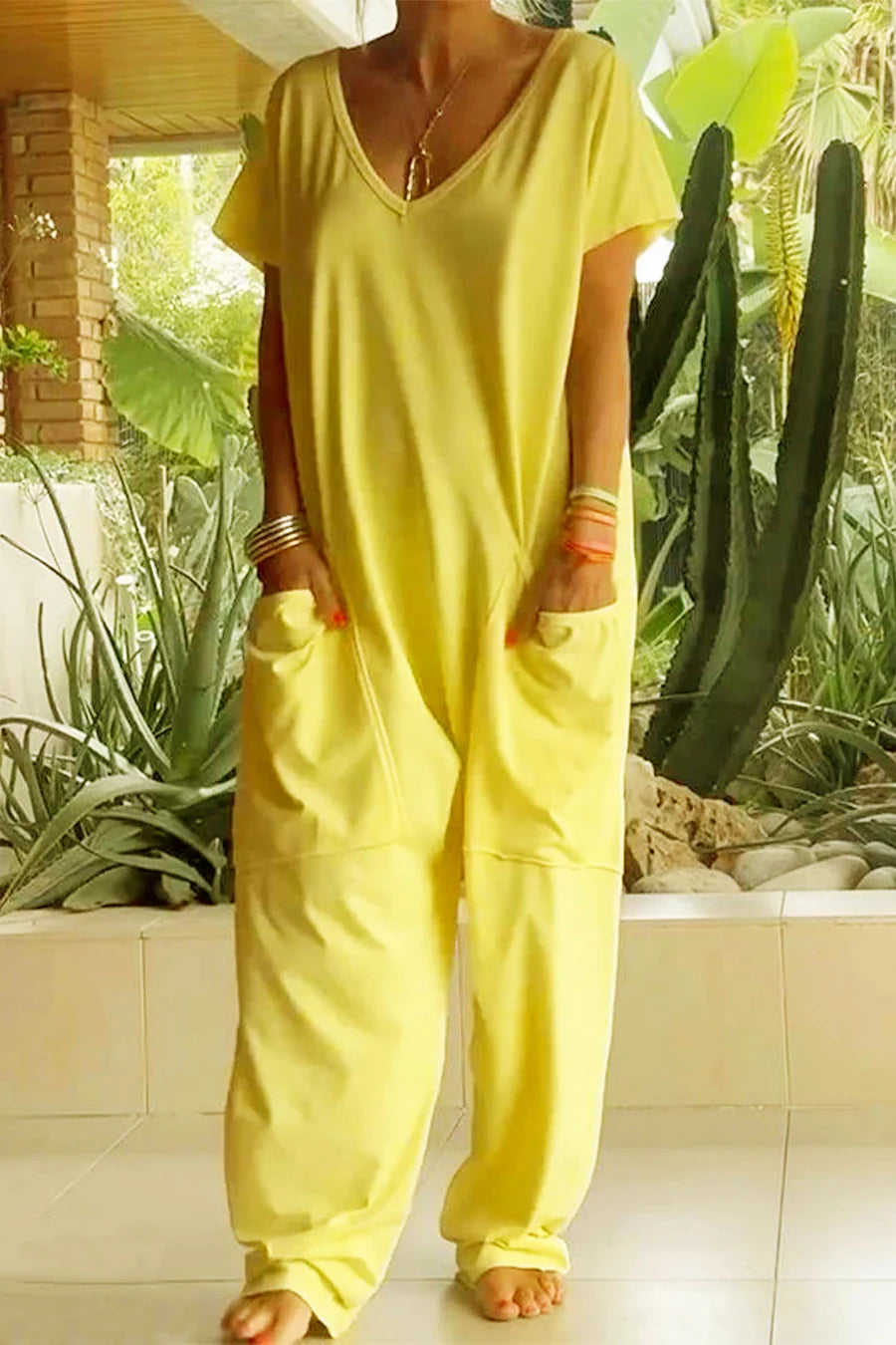 Short Sleeve V Neck Pocket Baggy Jumpsuit