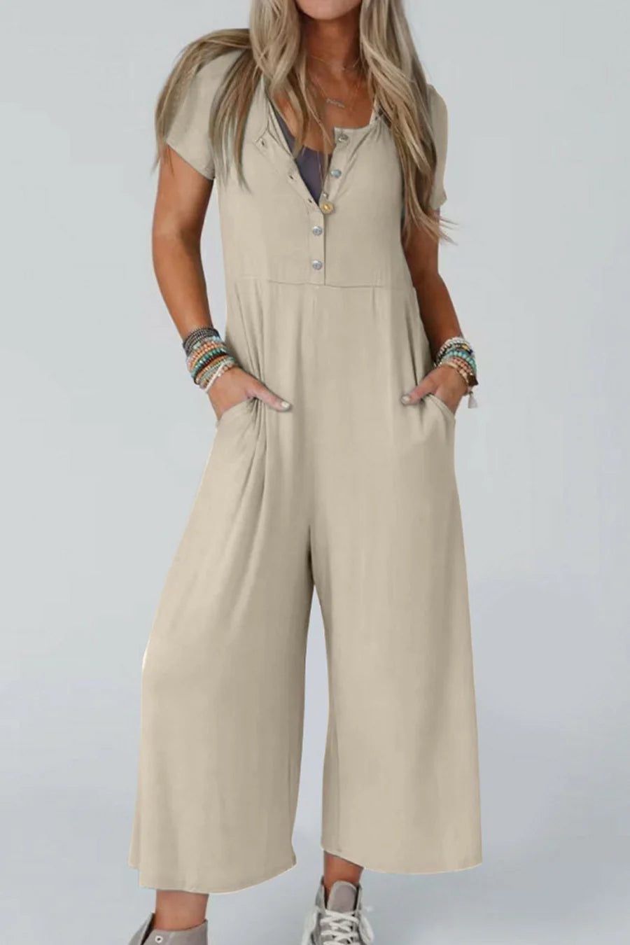 Single-breasted Short Sleeve Pocketed Jumpsuits