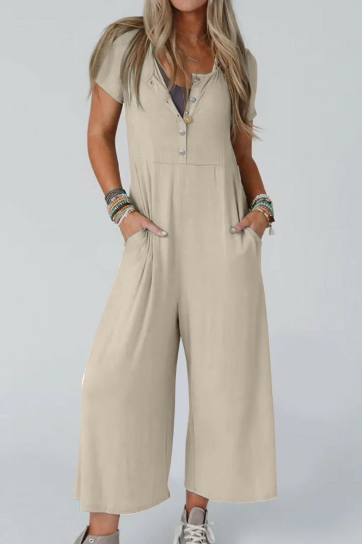 Single-breasted Short Sleeve Pocketed Jumpsuits