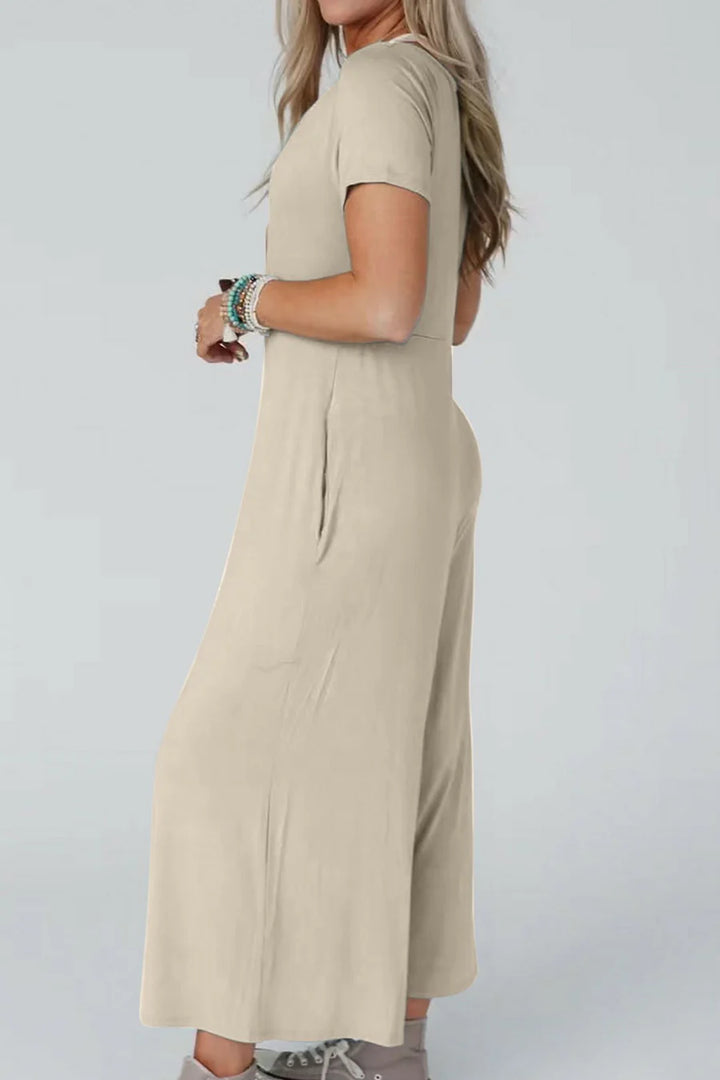 Single-breasted Short Sleeve Pocketed Jumpsuits