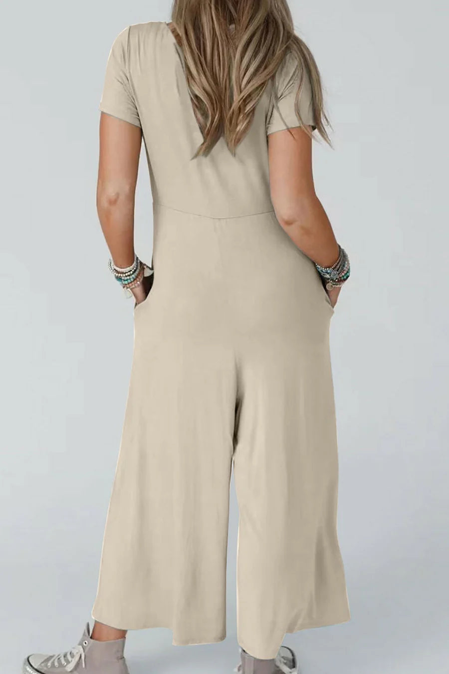 Single-breasted Short Sleeve Pocketed Jumpsuits