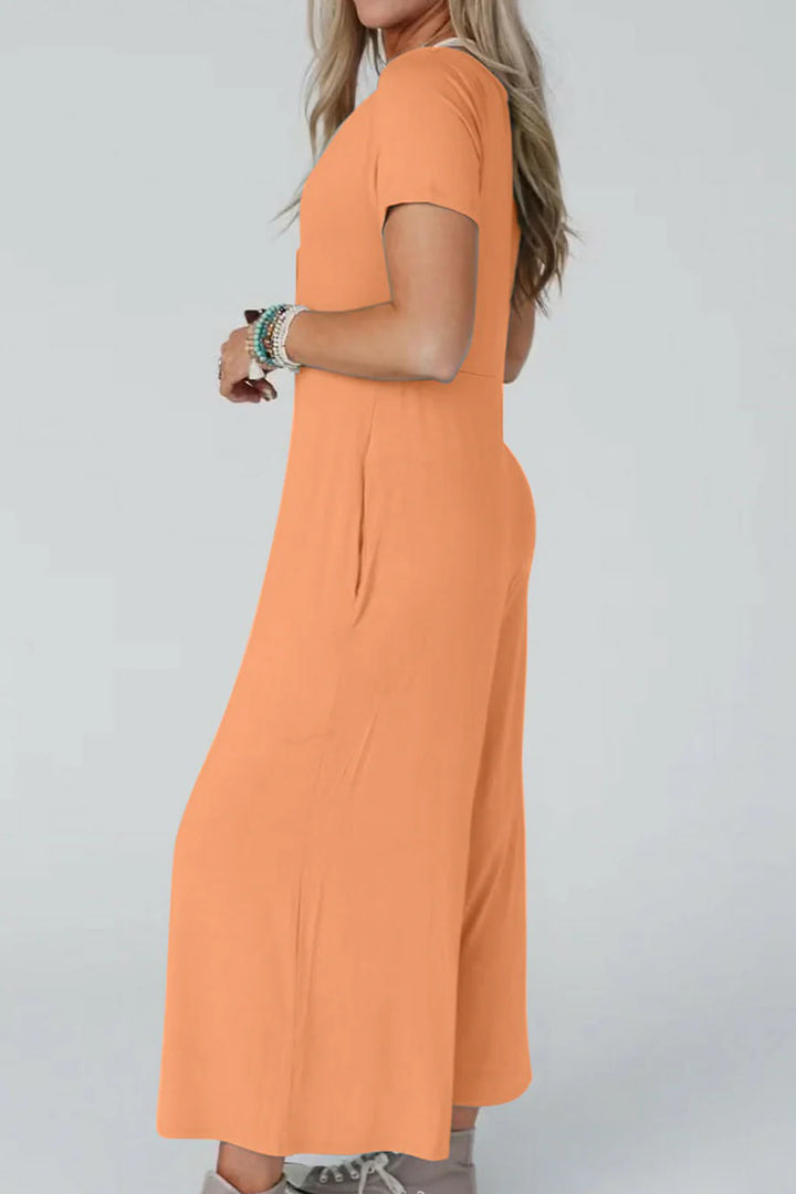 Single-breasted Short Sleeve Pocketed Jumpsuits