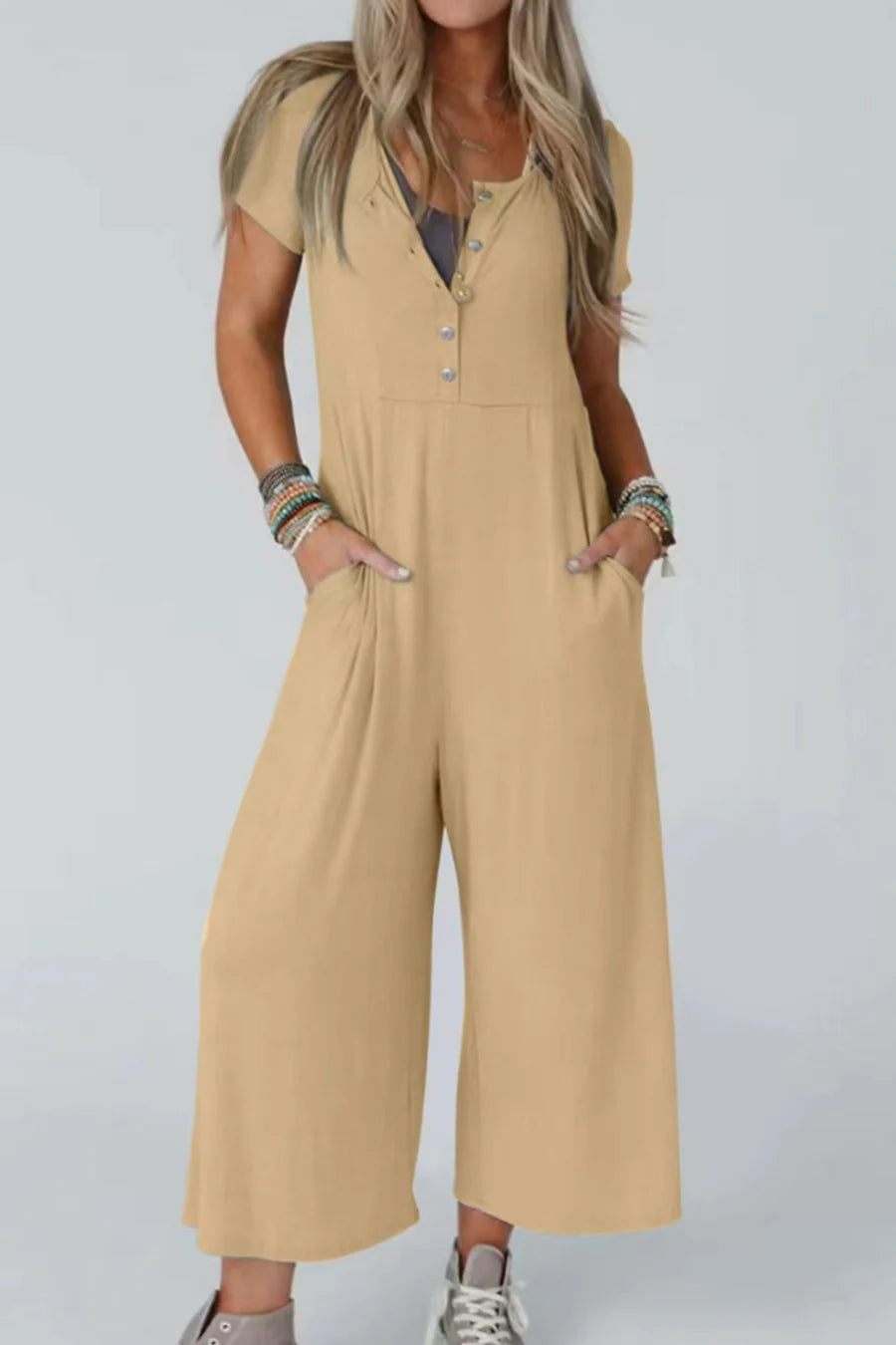 Single-breasted Short Sleeve Pocketed Jumpsuits