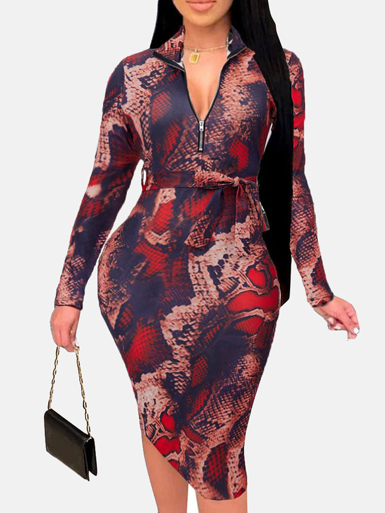 Zipper Print Pencil Midi Dress