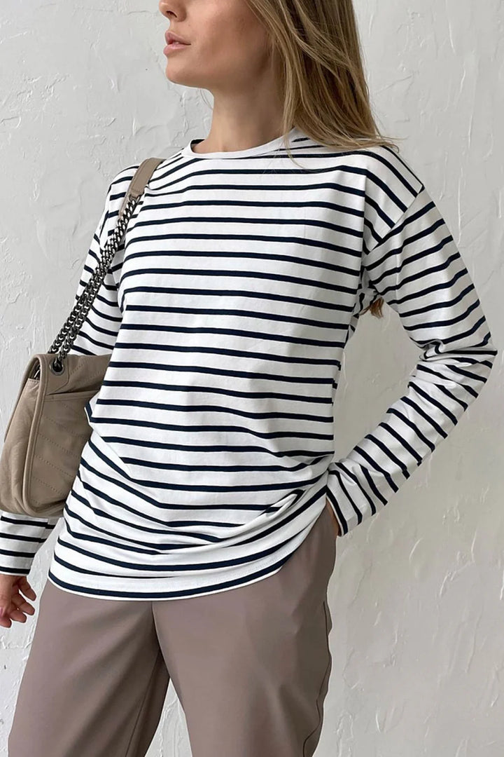 Striped Crew Neck Long Sleeve Cotton T-shirt