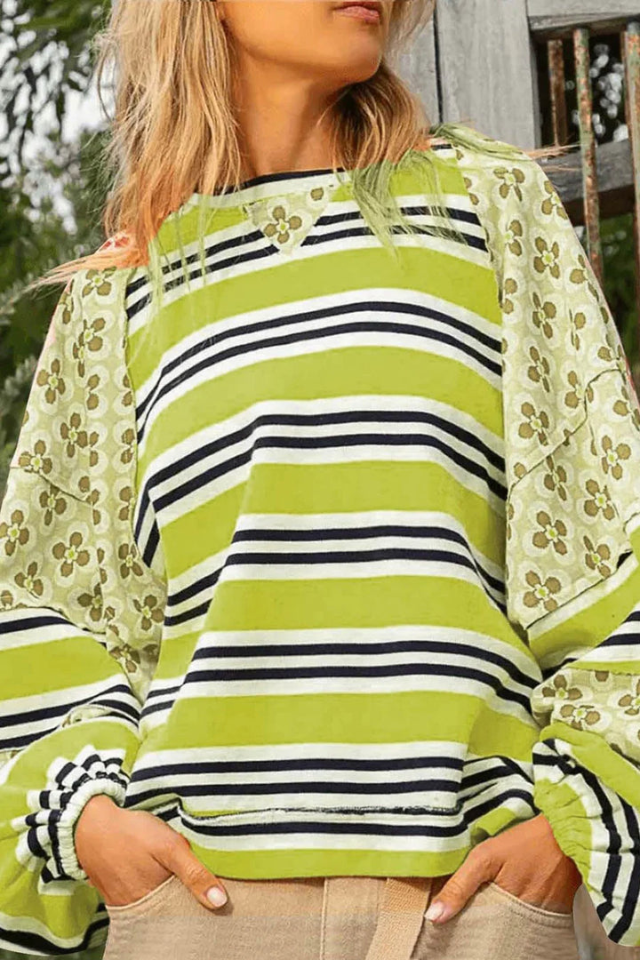Striped Floral Print Cotton Sweatshirt