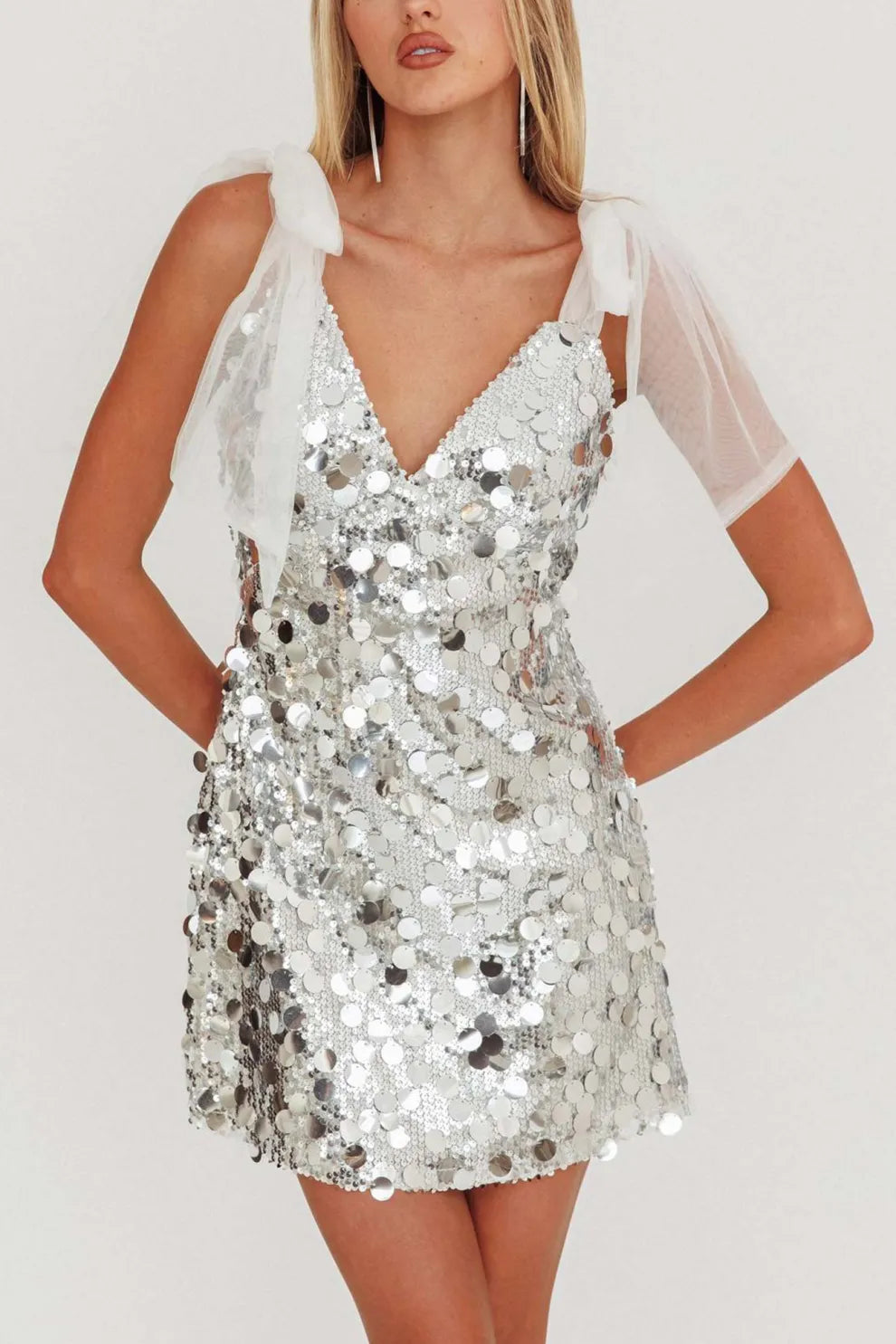 Tie-up Low Cut Sequin Mini Dress
