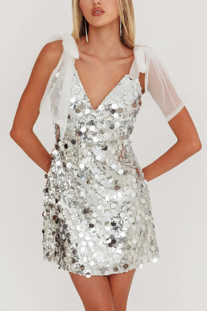 Tie-up Low Cut Sequin Mini Dress