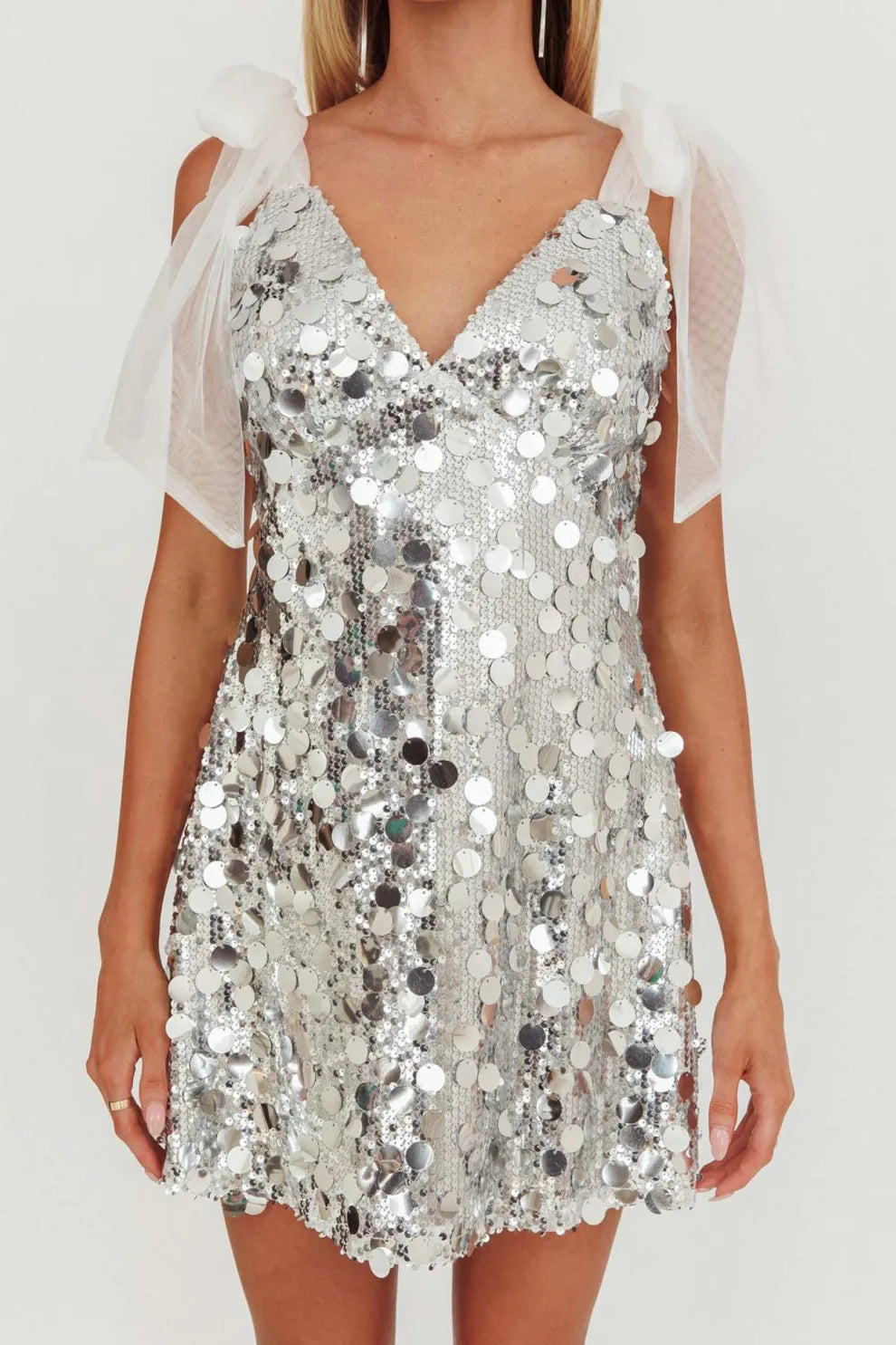 Tie-up Low Cut Sequin Mini Dress