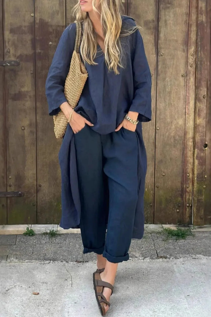 V Neck High Low Shirt Pants Set