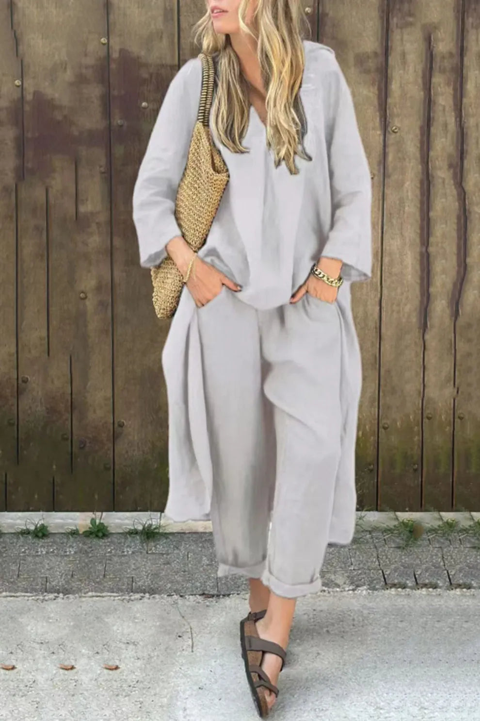 V Neck High Low Shirt Pants Set