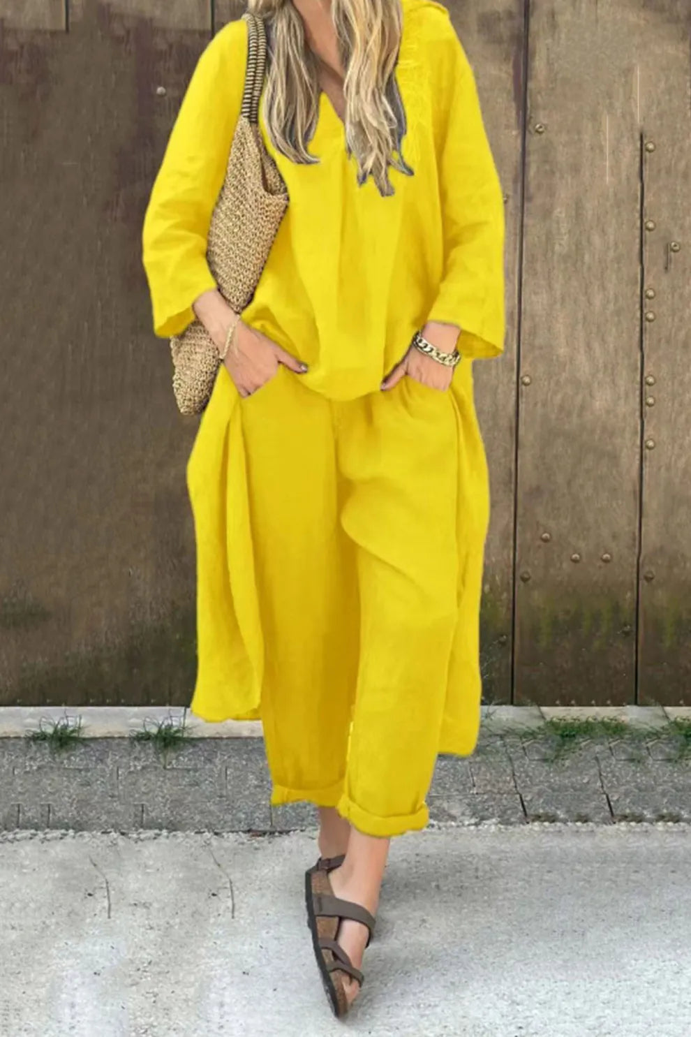 V Neck High Low Shirt Pants Set