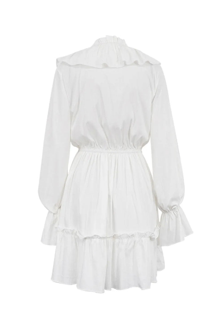 V Neck Pleated Trumpet Sleeve Ruffle Dress