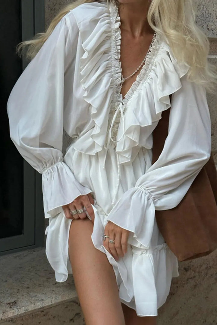 V Neck Pleated Trumpet Sleeve Ruffle Dress