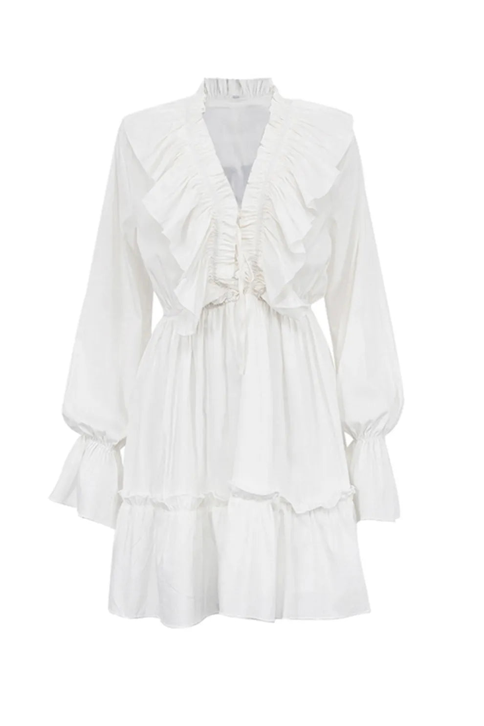 V Neck Pleated Trumpet Sleeve Ruffle Dress