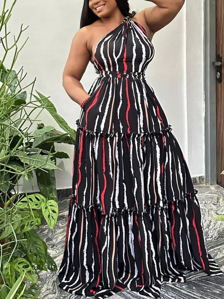 One-Shoulder Striped Backless Maxi Dress