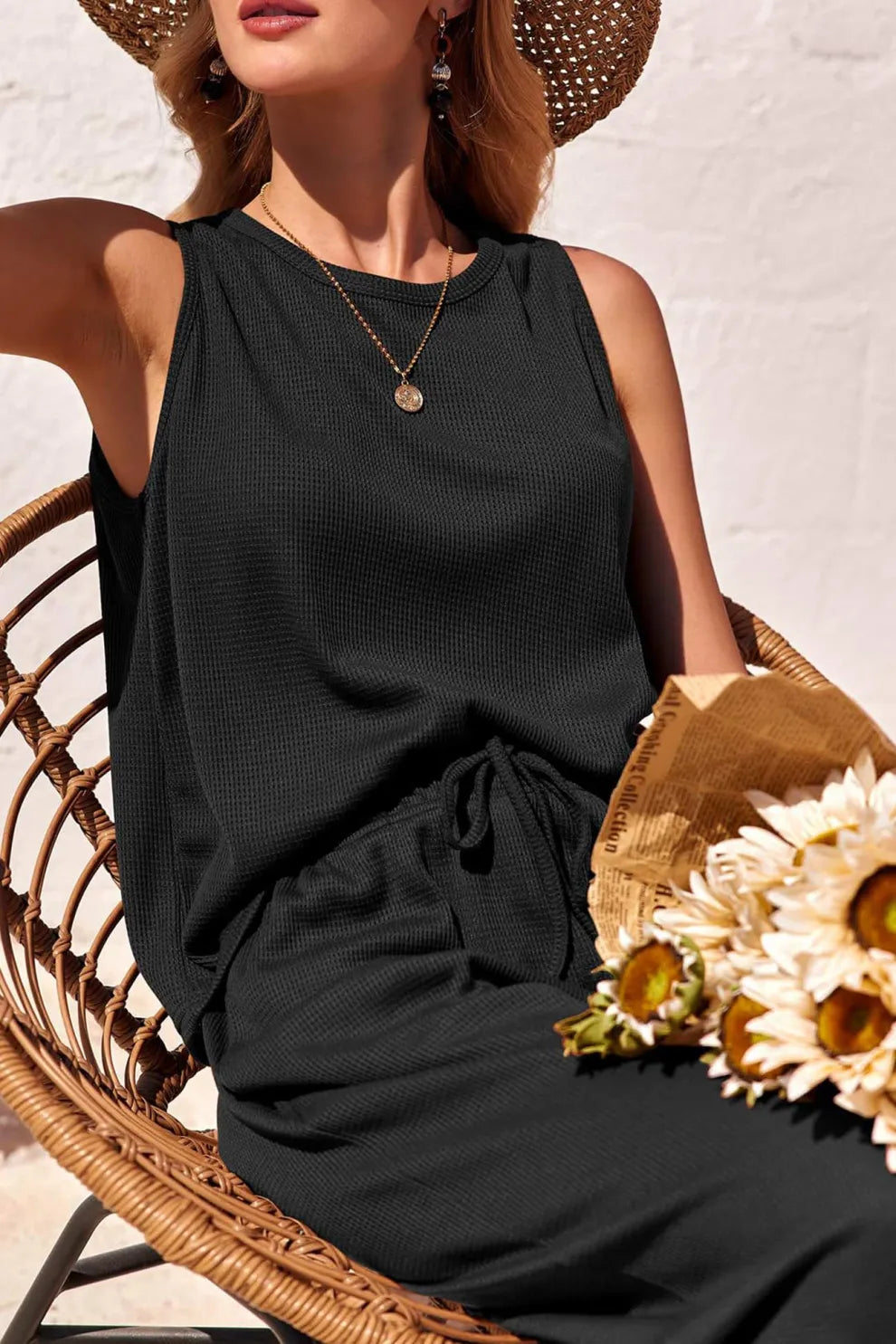 Waffle Tank Top Two-piece Pants Set