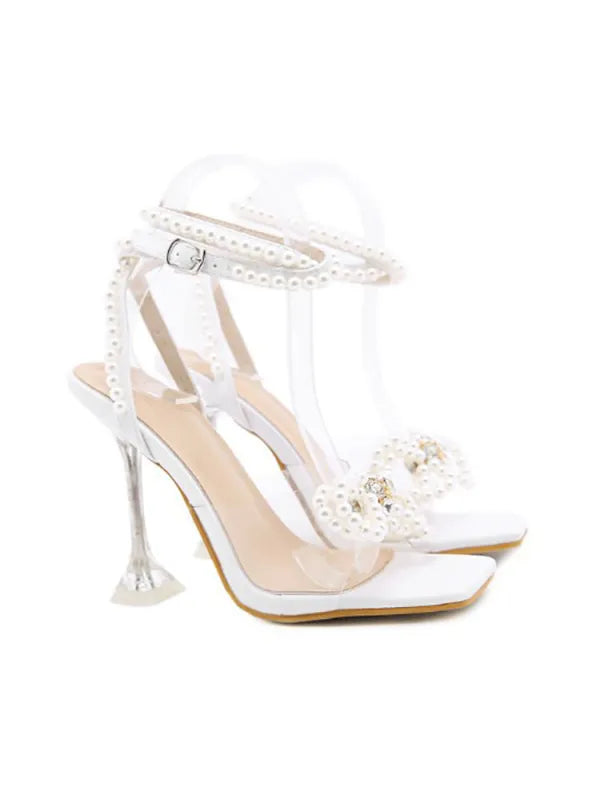 Pearl Rhinestone Bow Tie Heel Sandal