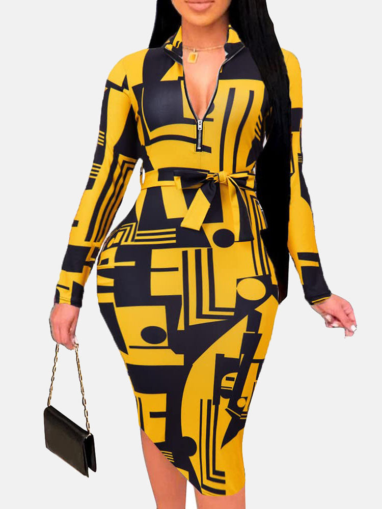 Zipper Print Pencil Midi Dress