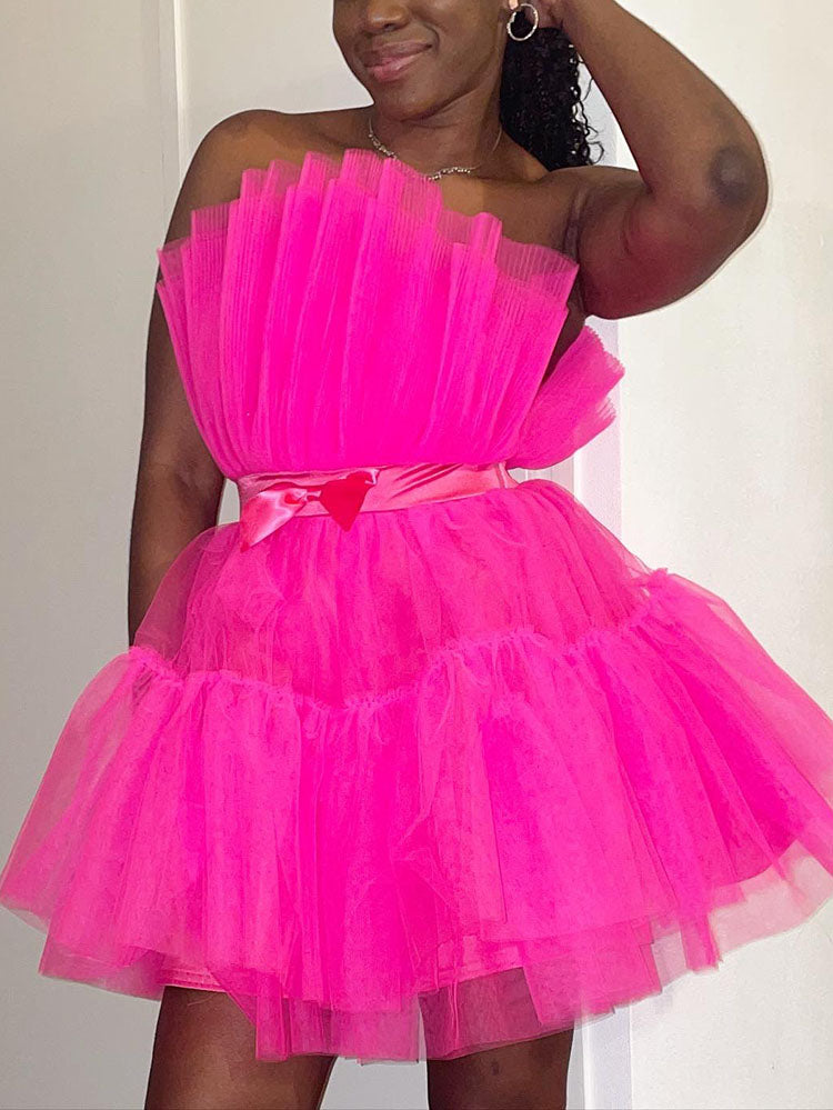 Bow Decor Layered Tulle Cocktail Dress