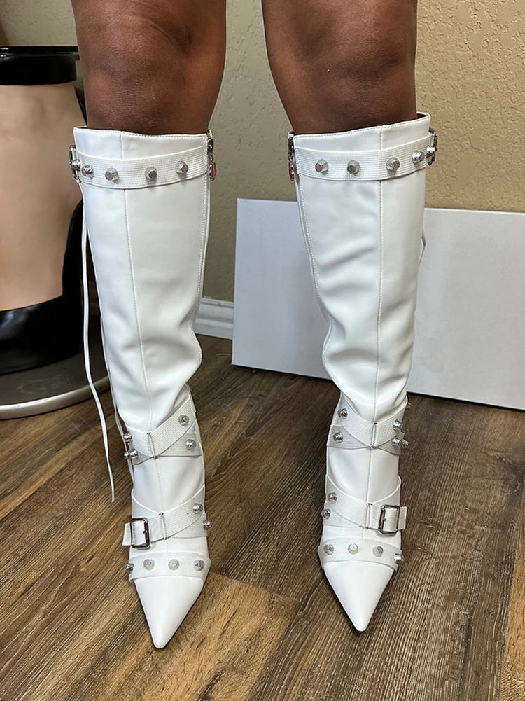 Studded Buckled Strap Leather Boots